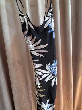 GLARE Black Tropical Floral Ruched Midi Dress Size Small
